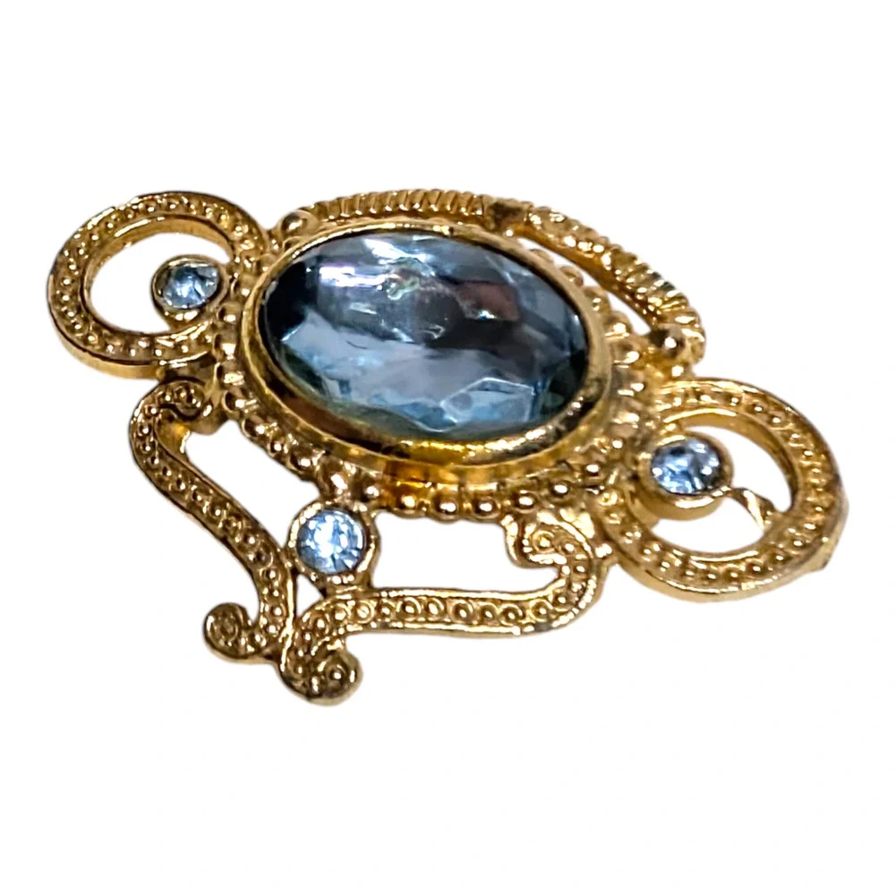 Gold Metal with Faux Aquamarine Stone Brooch Pin Elegant‎ Elaborate Vtg Jewelry